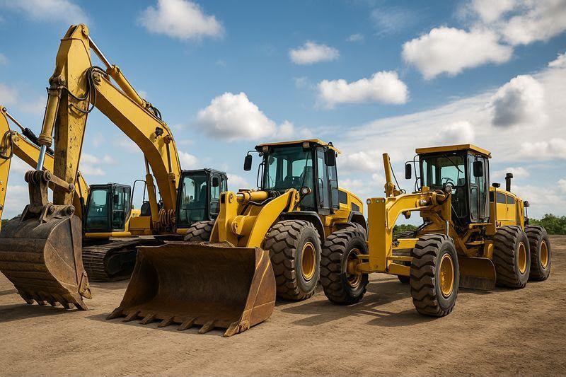 Excavator, wheel loader and motor grader lined up on a construction site
